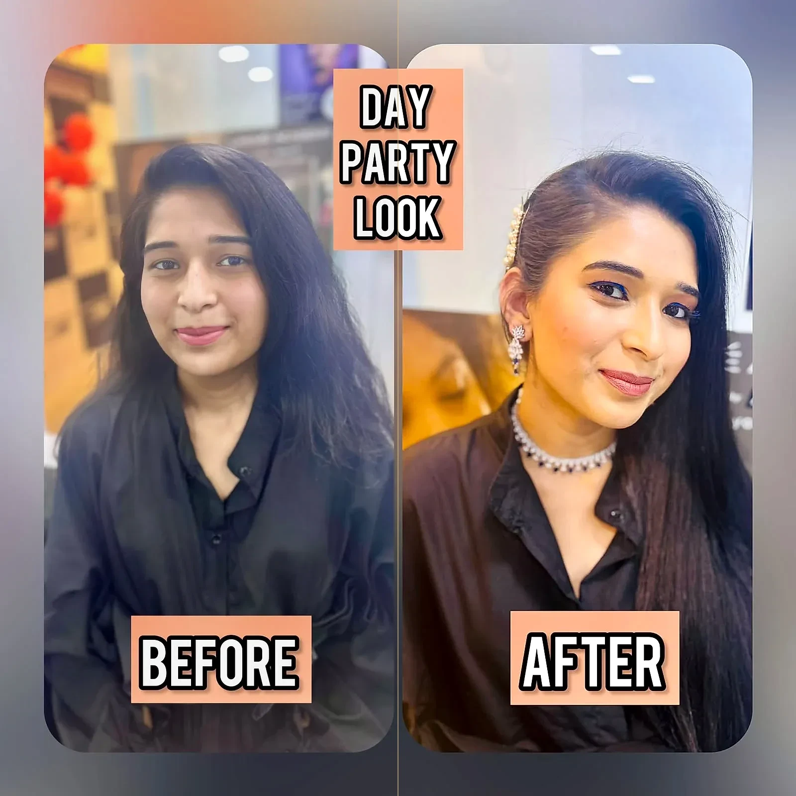 Client before and after day party makeup makeover at Glamour Guru by Twinkle