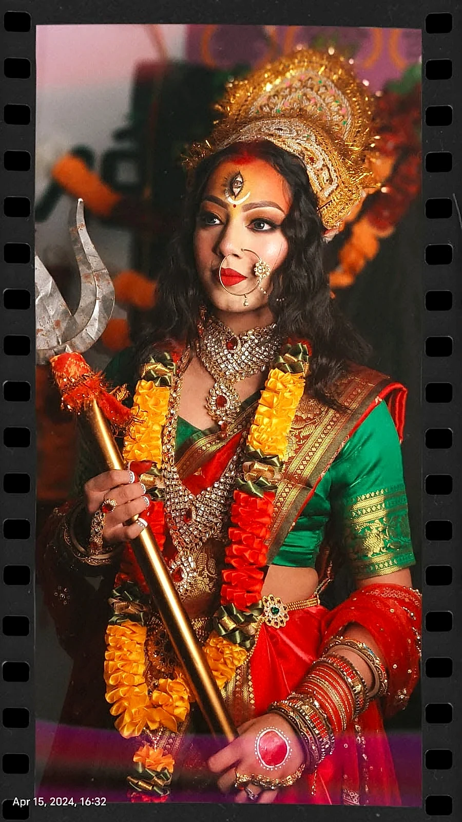 Creative Maa Durga character makeup transformation with trishul and crown