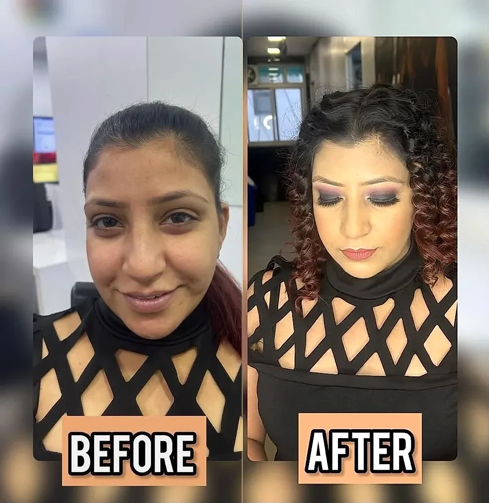 Before and after dramatic evening smoky eye makeup makeover with textured curls