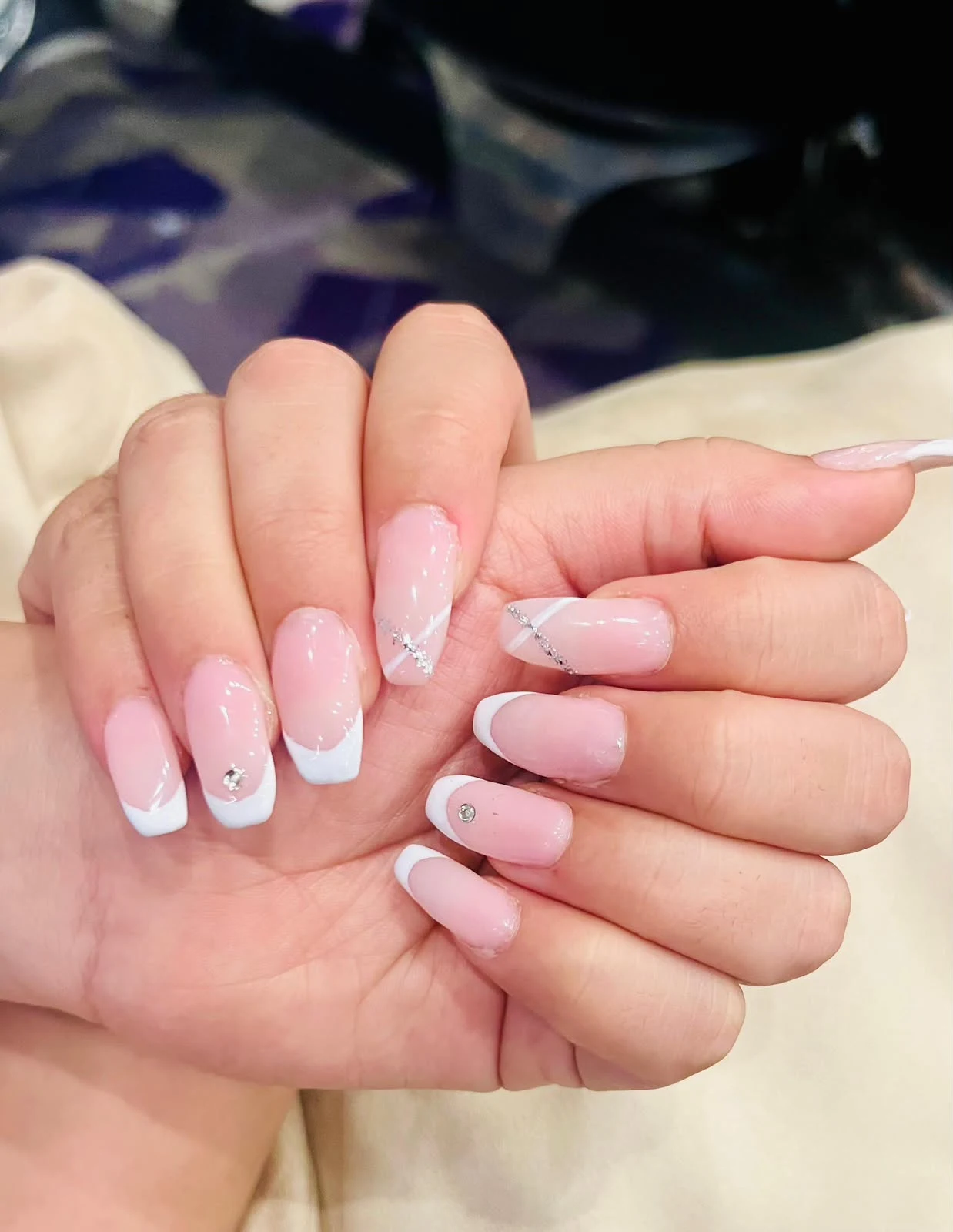 French ombre acrylic nail extensions with silver glitter by Glamour Guru