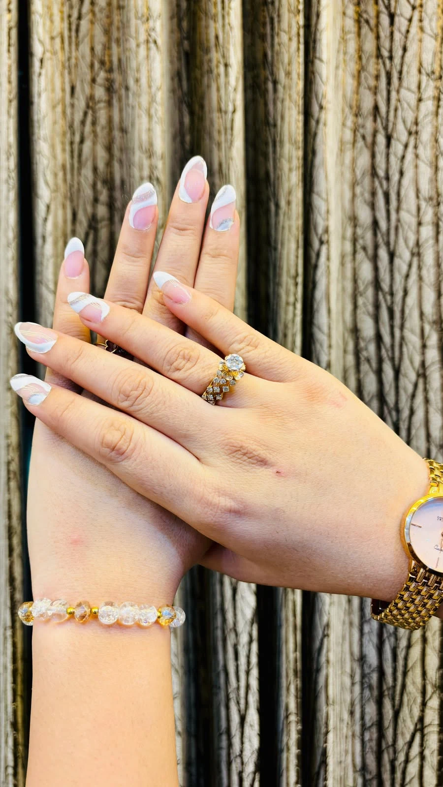 Abstract swirl wave French tip nail art extensions in white and glitter